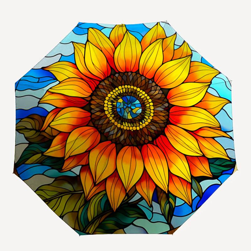 1pc Sunflower StainedGlass Automatic Folding Umbrella, Lightweight Retractable Compact Travel Umbrella, 8-Rib Sturdy Frame100
