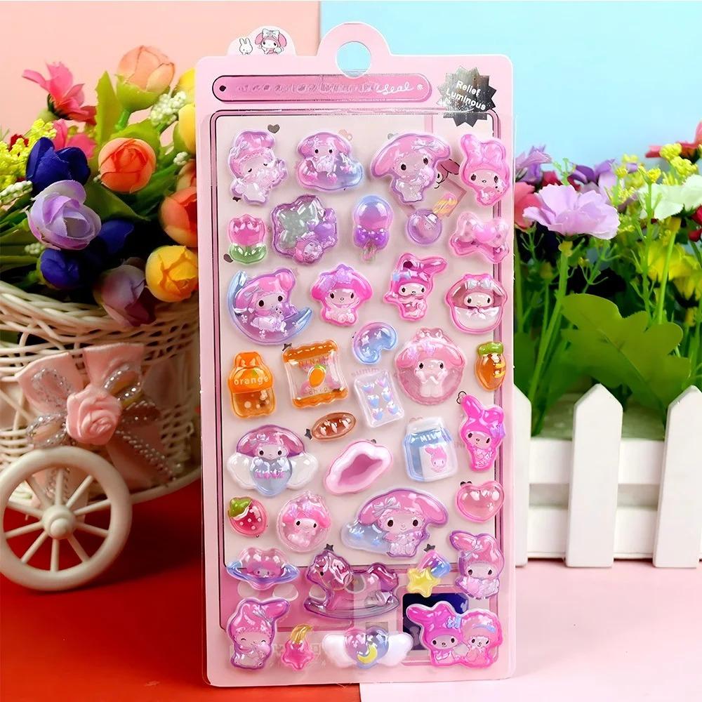 Leuchtende Niedliche Sanrio 3D Relief Aufkleber Kawaii Mädchen Kuromi Cinnamoroll My Melody Kristall Aufkleber Kinder Dekorations Aufkleber Packungen