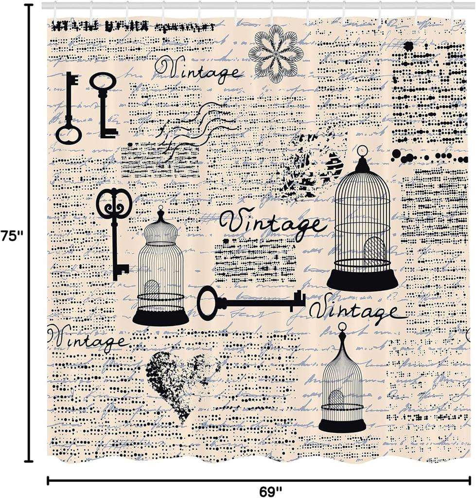 Vintage Bird Cage Key Shower Curtain Black White Script Design Retro Art Decor Bath Accessories Waterproof Fabric Home Decor