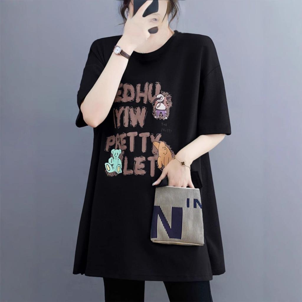 New Summer Women's T-shirt Short-sleeve Cotton Mid-Length Pocket Loose Slim Shirt Split Round Neck Cartoon Letter Printed Tops