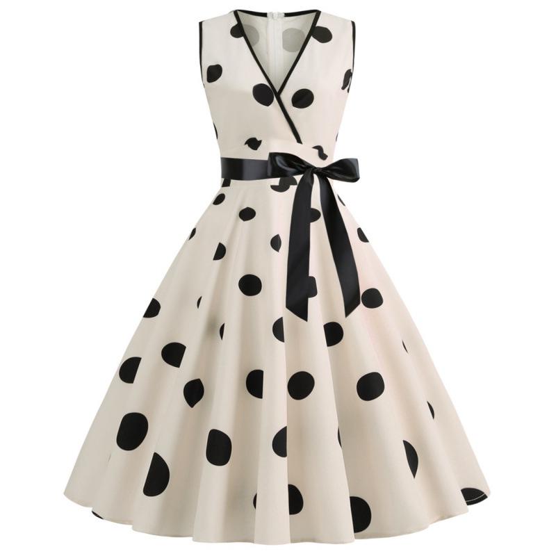 Z Women's V-Neck Polka Dot Sleeveless Tie-Waist Retro Summer Swing Dress