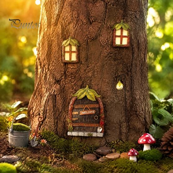 Fairy Garden Accessories 1 Set Door Windows And Lamp, Accessories, Miniature Elf Glow In The Dark Gnome House for Yard Tree Decoration Weatherproof