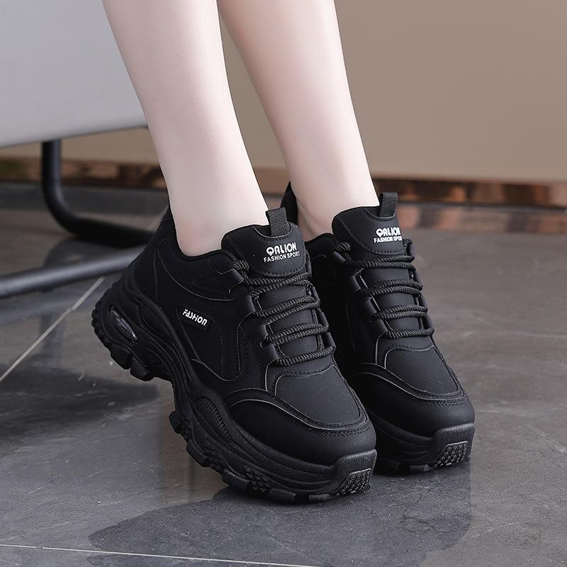 Korean Style Pu Leather Upper Thick Sole Platform Dad Sneakers Women Casual Sports Walking Shoes