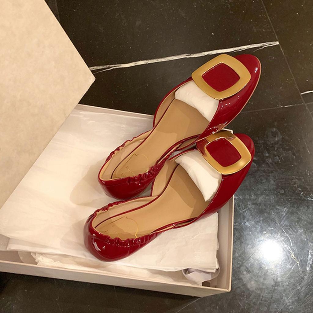 [Women's shoes source Litong] office lady~ chips square buckle pleated hollow flat single shoes women's grandma shoes