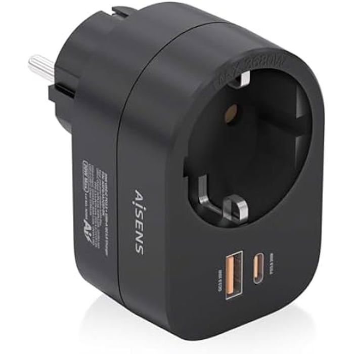 Multiprise Murale - AISENS - ASPS-1A1C07-BK - 1 Prise + 1 USB-C 20W PD3.0 + 1 USB-A 20W QC3.0 - Noir
