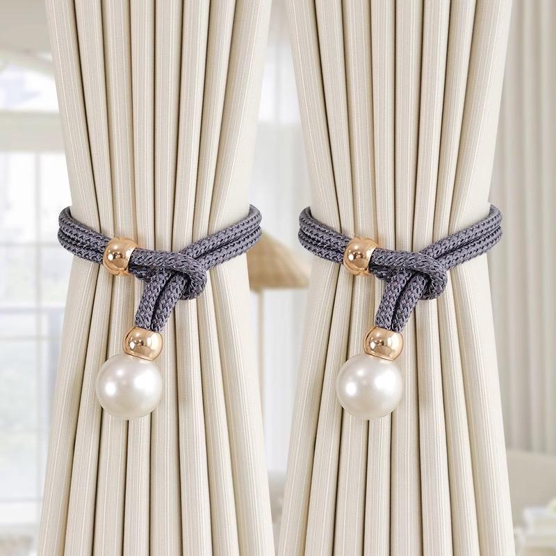 2Pcs Pearl Curtain Tiebacks, Curtain Pearl Tiebacks, Decorative Fixings, Rope Curtain Tiebacks No Punch Adjustable Pull-Outs