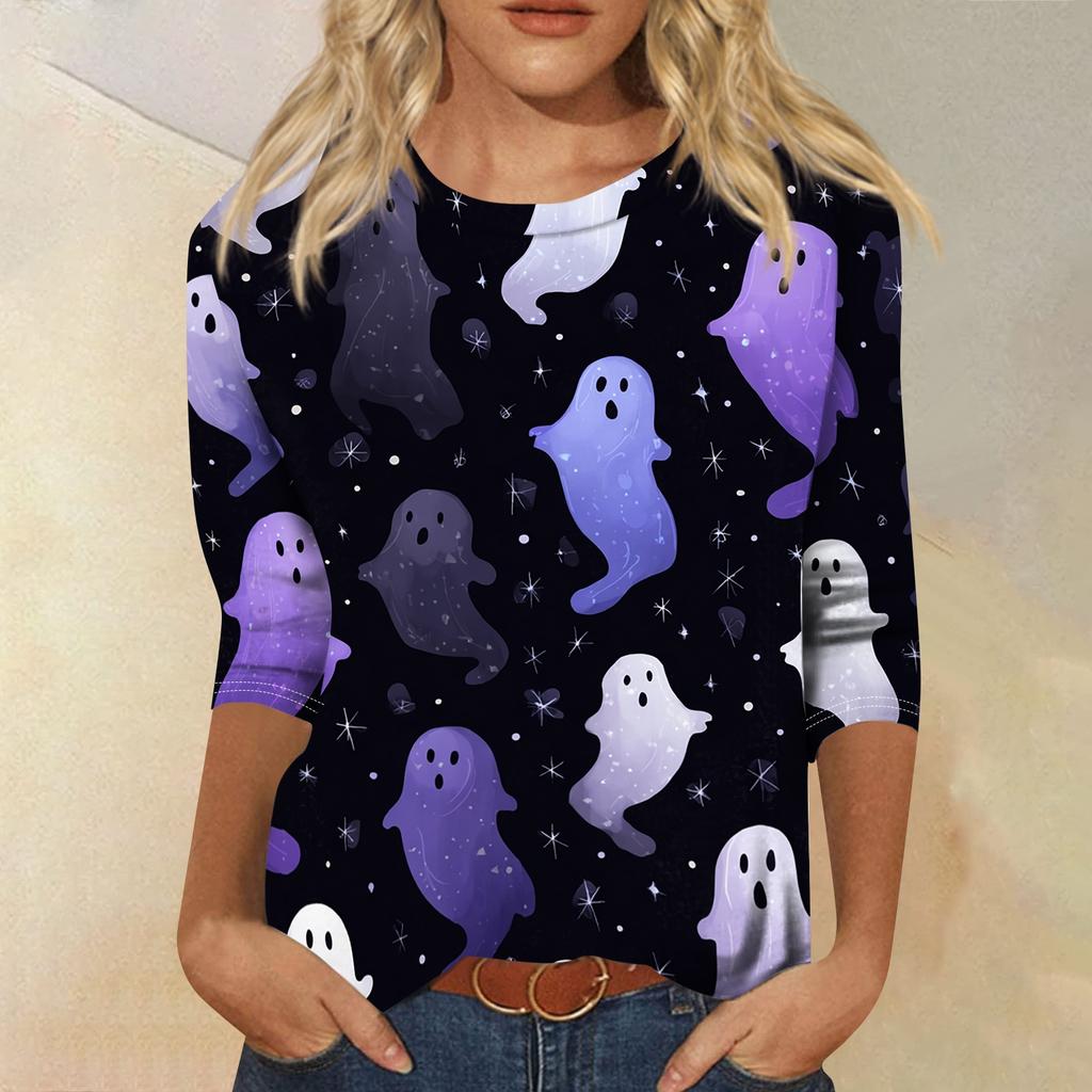 Women's Casual Crew Neck Three Quarter Sleeve Halloween Print T Shirt Top Lightweight Comfortable Fit for Everyday Wear