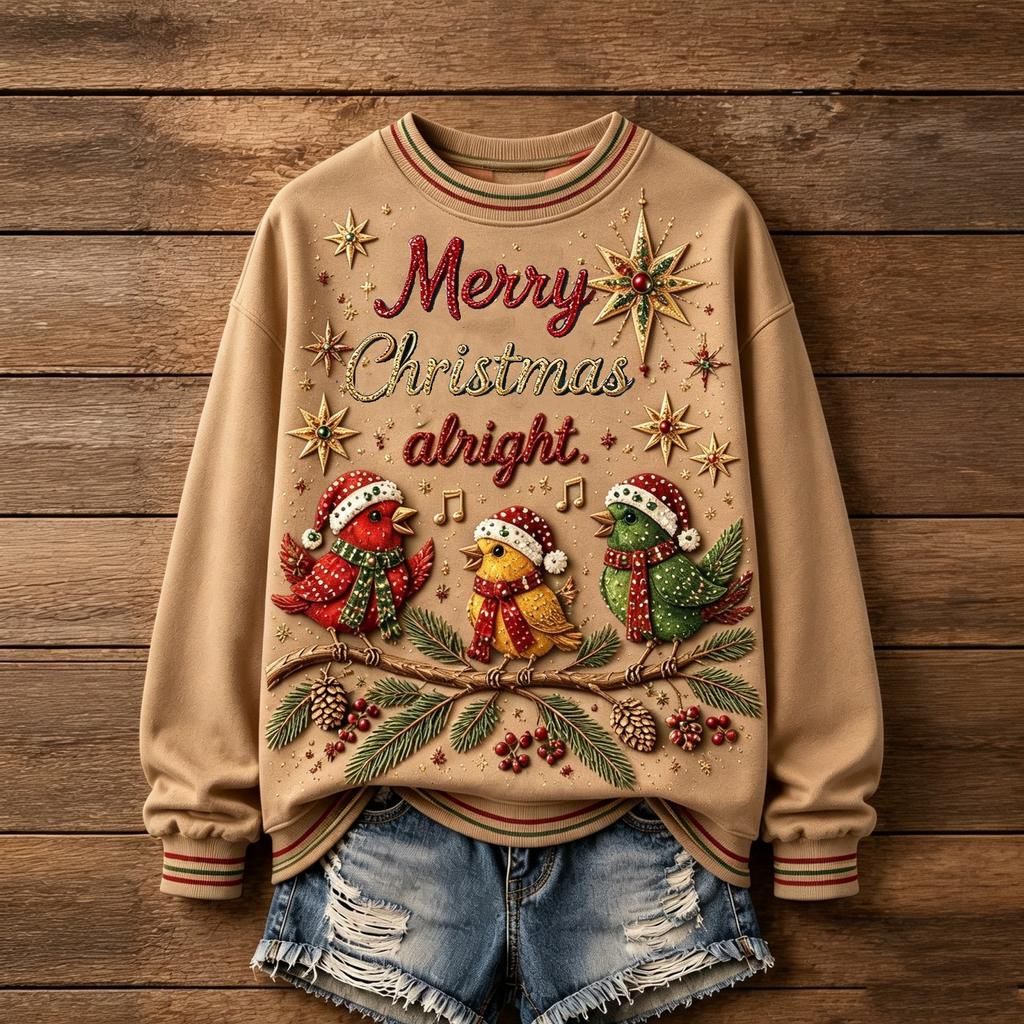 Women's Christmas Print Round Neck Long Sleeve Pullover Top for Holiday Casual Wear
