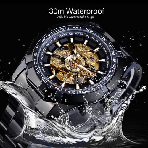 FORSINING Men's Automatic Skeleton Watch, Hollow Mechanical Automatic Luxury Watch with Blue and Black Stainless Steel Band, Waterproof, Black Gold, M
