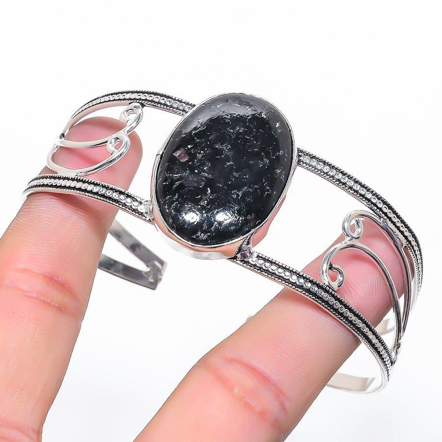 Natural Nuummite Gemstone 925 Sterling Silver Cuff Bangle Adjustable e3Y86