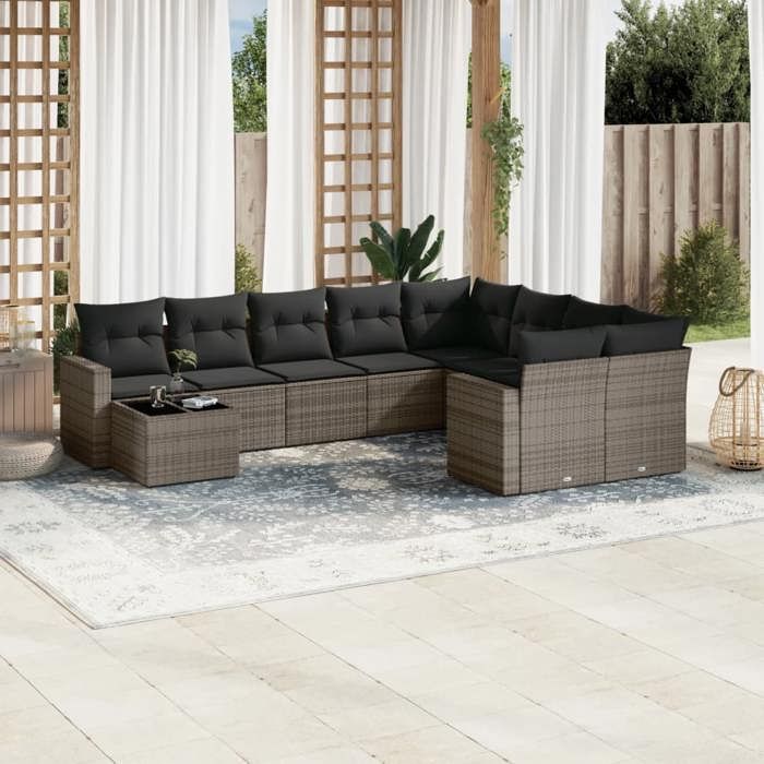 VidaXL Salon de Jardin avec Coussins 10 pcs, Canapés de Terrasse, Ensemble de Meubles de Patio, Mobilier d'Extérieur, Gris 3251797