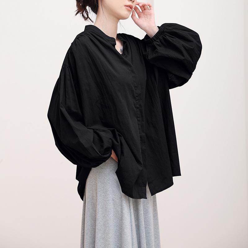 Damenhemd Frisch und Süß Lässiger Stil Reine Baumwolle Unifarben Halb geöffneter Kragen Überschnittene Ärmel Lange Ärmel