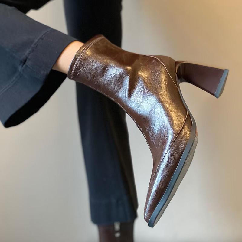 Brand Design Pointed Toe Black Ankle Boots for Women 2025 Autumn French High Heel Boots Woman Side Zipper PU Leather Botas Mujer