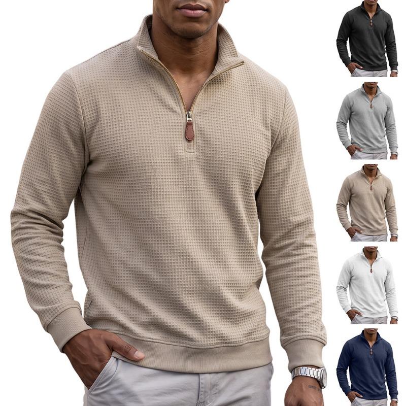 Men S American Style Waffle Knit Half Zip Stand Collar Long Sleeve Pullover Sweatshirt