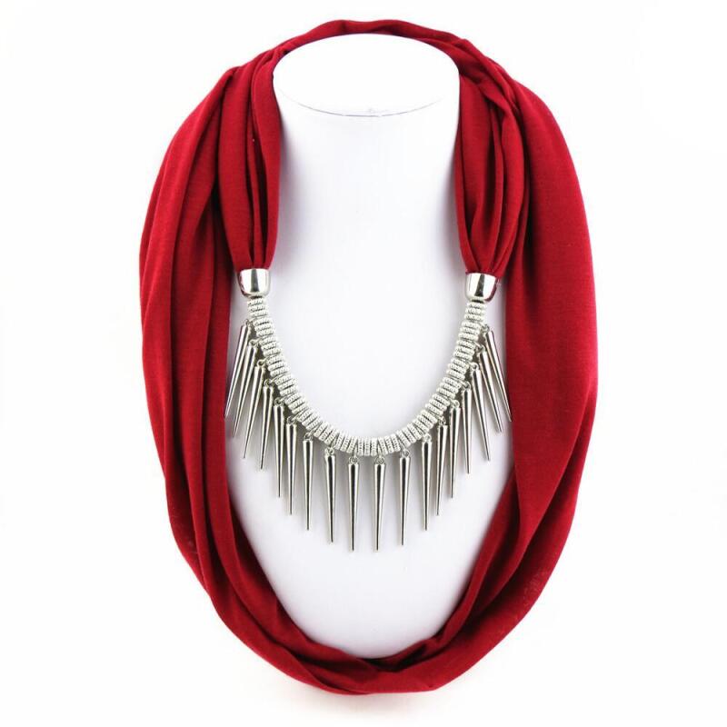 Stylish Fashion Scarf Necklace with Metal Spike Pendant – Elegant Infinity Scarf for Women, Boho Chic Statement Accessory