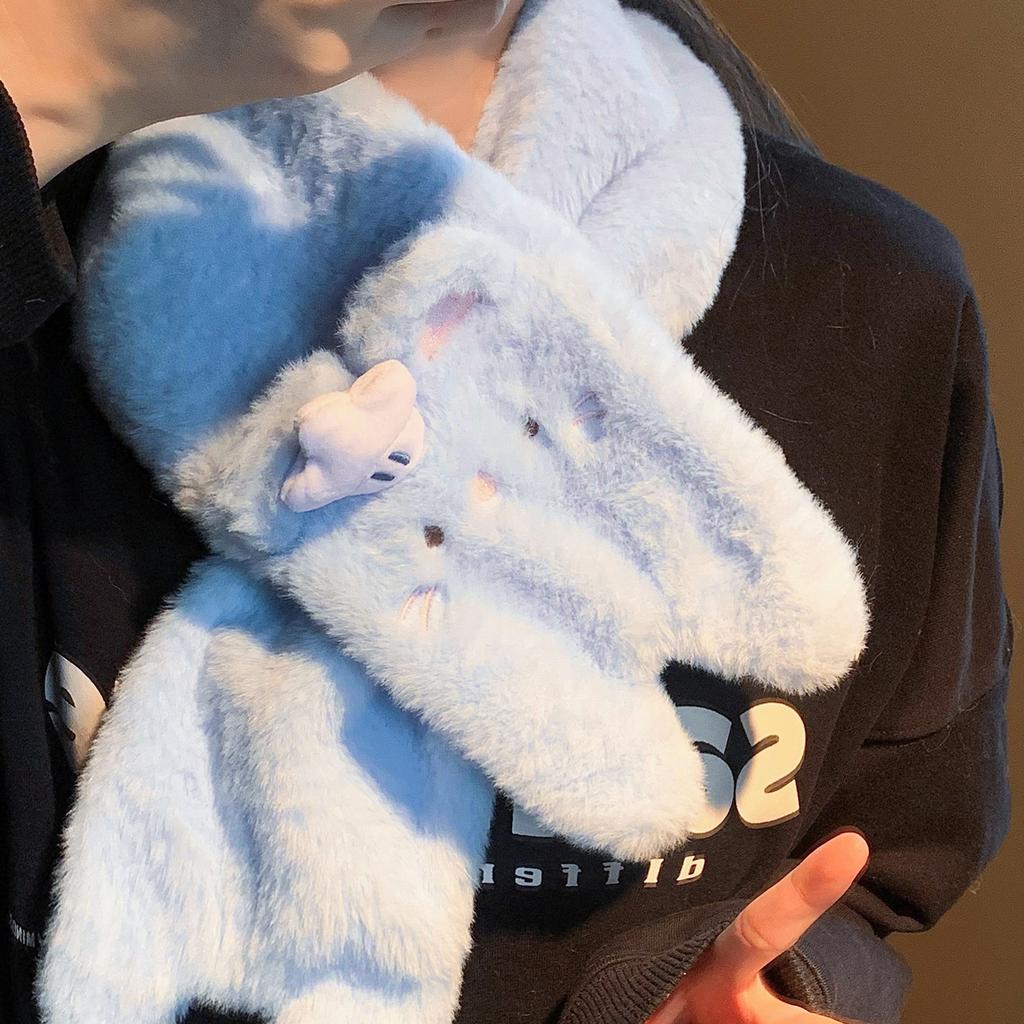 Cute Blue Cat Plush Five Finger Gloves for Women Winter Warm and Velvet Thickened Windproof Cycling Bike New Style