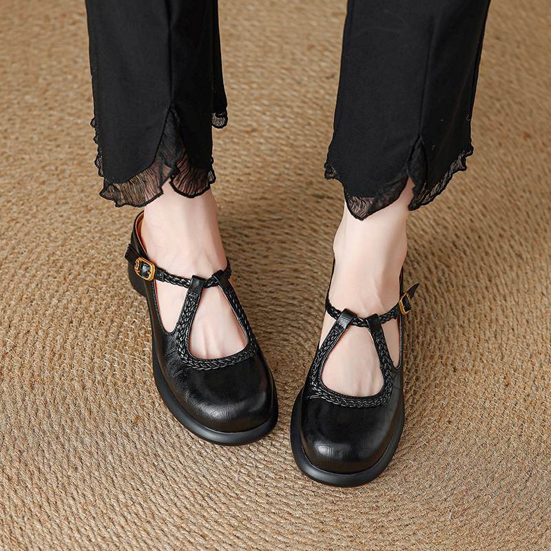 Krazing Pot Cow Skin Round Toe Size 42 Thick Round Med Heels Slip on Platform Mules Gladiator Autumn Pumps
