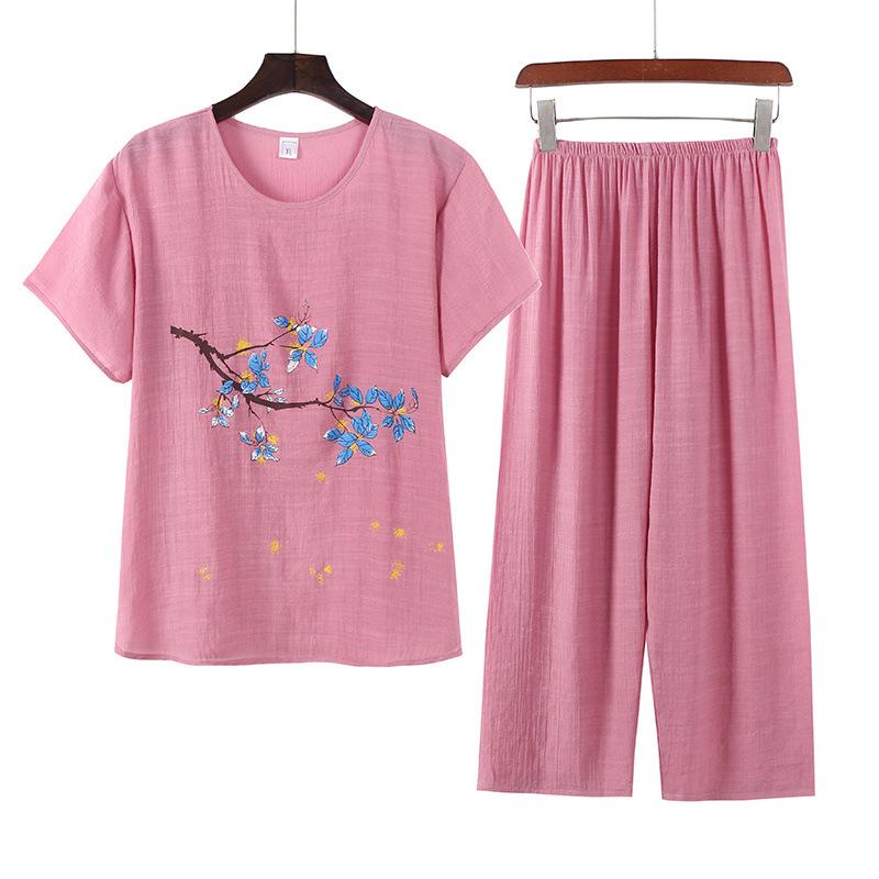 Women's Summer Cotton Linen Short-Sleeved Two-Piece Set: Grandma Mom Pajama Top and Pants.