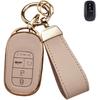 Key Fob Cover for Honda Civic Accord HR-V Pilot CR-V | Leather + Soft TPU Key Case Shell for Honda With Keychain (Pink - 5 Buttons)