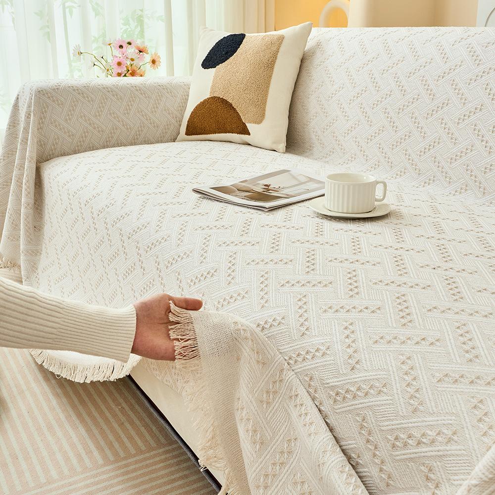 Ins Minimalist Soft Cotton Yarn T-Grid Sofa Throw One-Piece Sofa Mat Machine Washable All-Season Full Coverage Universal Sofa Cover Versatile