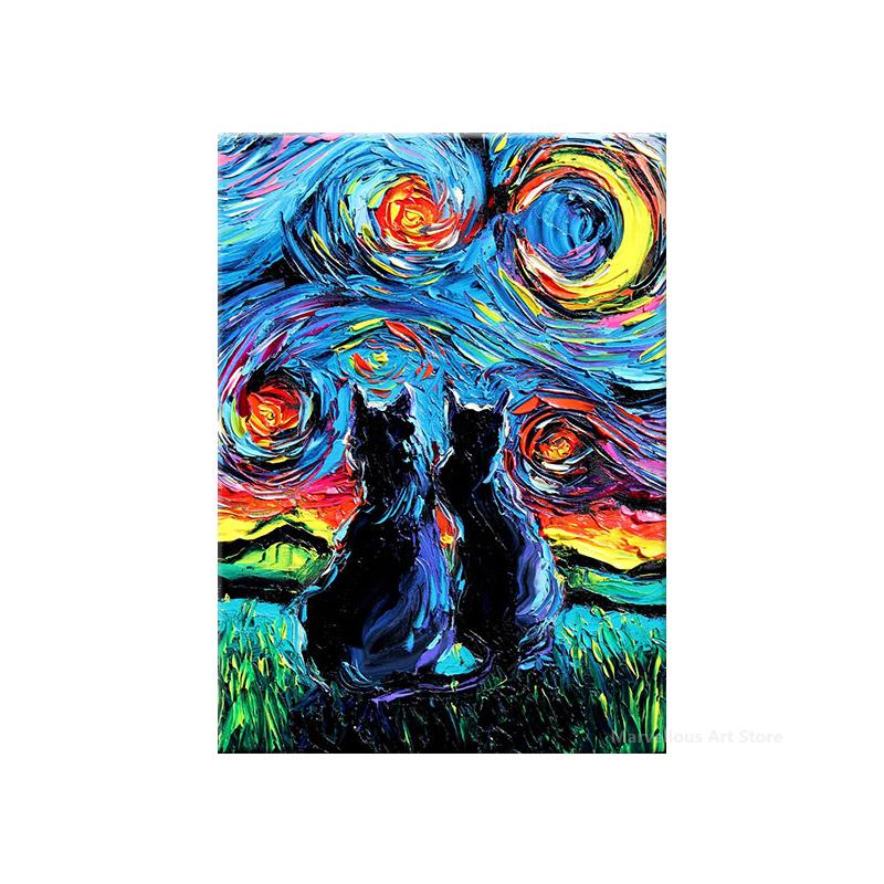 Sternennacht Katze Abstrakte Tier Poster und Drucke Vintage Leinwand Malerei Wand Kunst Bild für Wohnzimmer Korridor Wohnkultur