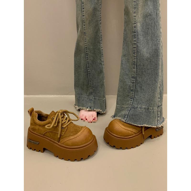 Height-increasing Platform Single Shoes Women's Autumn and Winter Velvet 2 New Big Head Lace-up British Small Leather Shoes