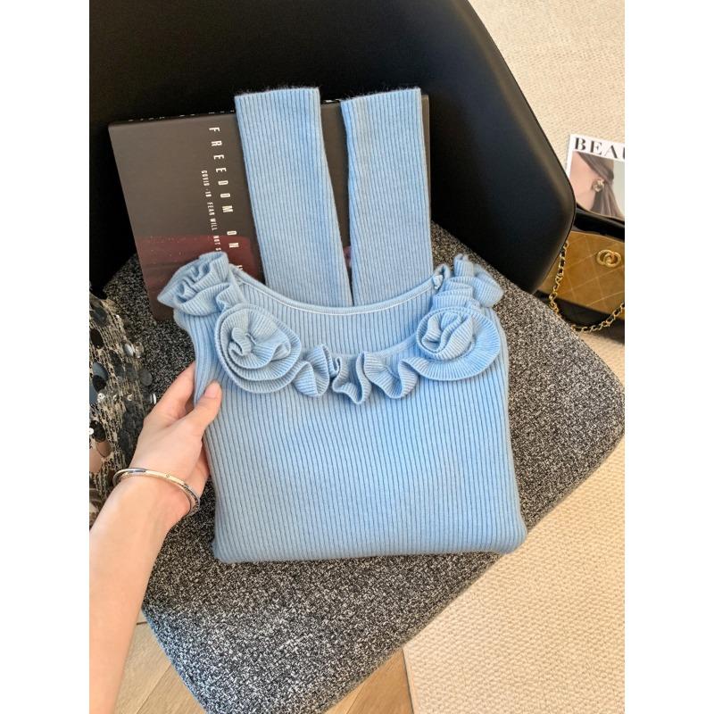 

Осень новый нежный ветер трехмерный цветок вязаный свитер женский с длинным рукавом облегающий топ XL синий