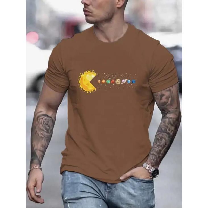 T-shirts med tryck av solsystemets planeter för män, avslappnad andningsbar t-shirt, kortärmad t-shirt för män