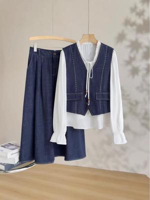 Endi Women's Spring Tencel Cotton Three-Piece Set: Faux Denim Vest, White Shirt, Skirt.