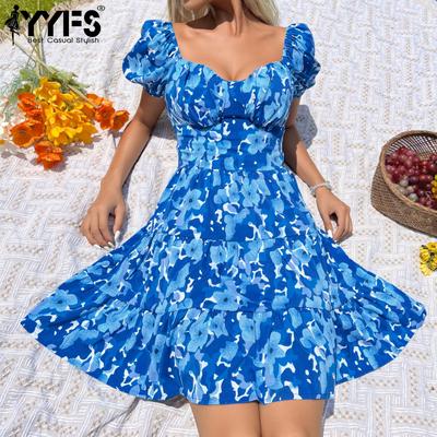 Women's Fashion Summer Spring Floral Print Short Sleeve U-Neck High Waist Casual Dresses