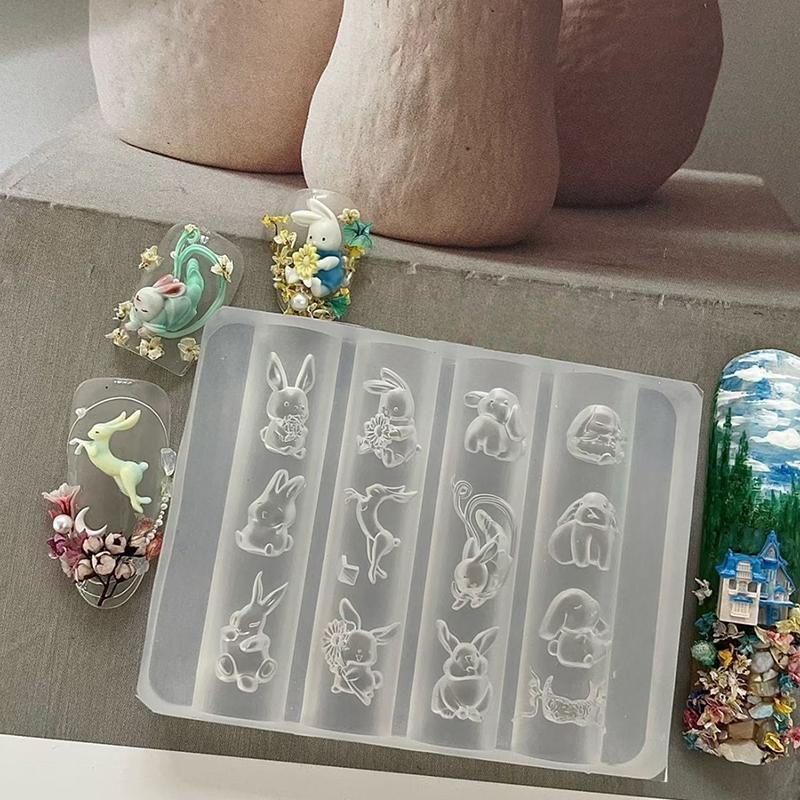 3 Pcs Silicone Nail Art Mold Cute Cartoon Rabbit Moon Cake Moon 3D Acrylic Flowers Nails Templates Diy Manicure Design Tools