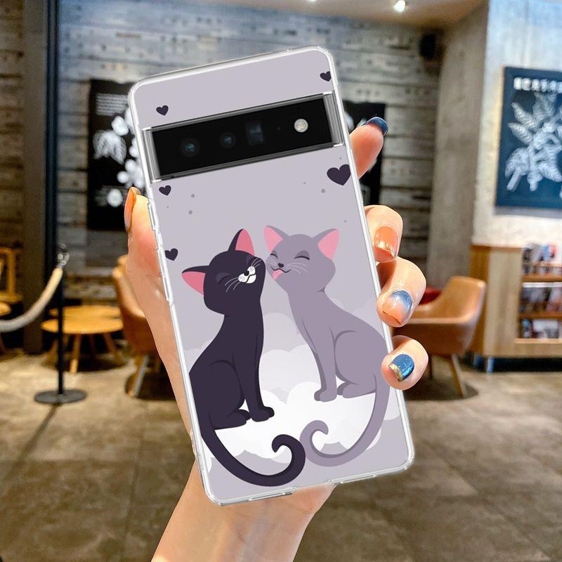 Phone Case Cover for Google Pixel 9 8 7 6 5 4 4XL 7A 6A 5A 4A 3A Pro XL 5G Transparent Soft TPU Shell Cute Line Cat Pattern Bags