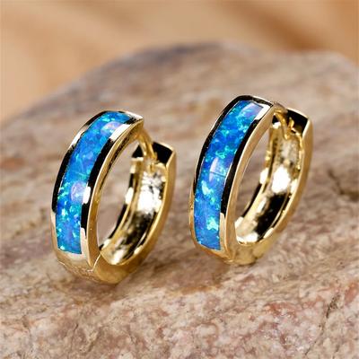 Classic Small Round Circle Hoop Earrings for Women White Blue Opal Vintage Wedding Engagement Jewelry