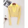 American Lapel Lemon Yellow Long Sleeves Knitwear Big Pit Strip Silm Short Sexy Deep V Pullover Tops