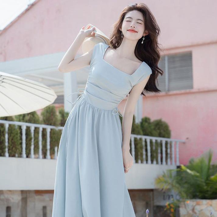 First love design dress women's summer waist drawstring splicing gentle wind waist thin temperament long skirt