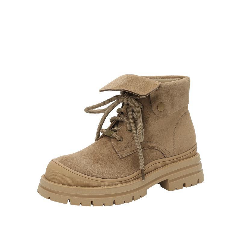 Matte Leather Retro Lace-Up Women's Round Toe Thick Sole Yellow Martin Ankle Boots