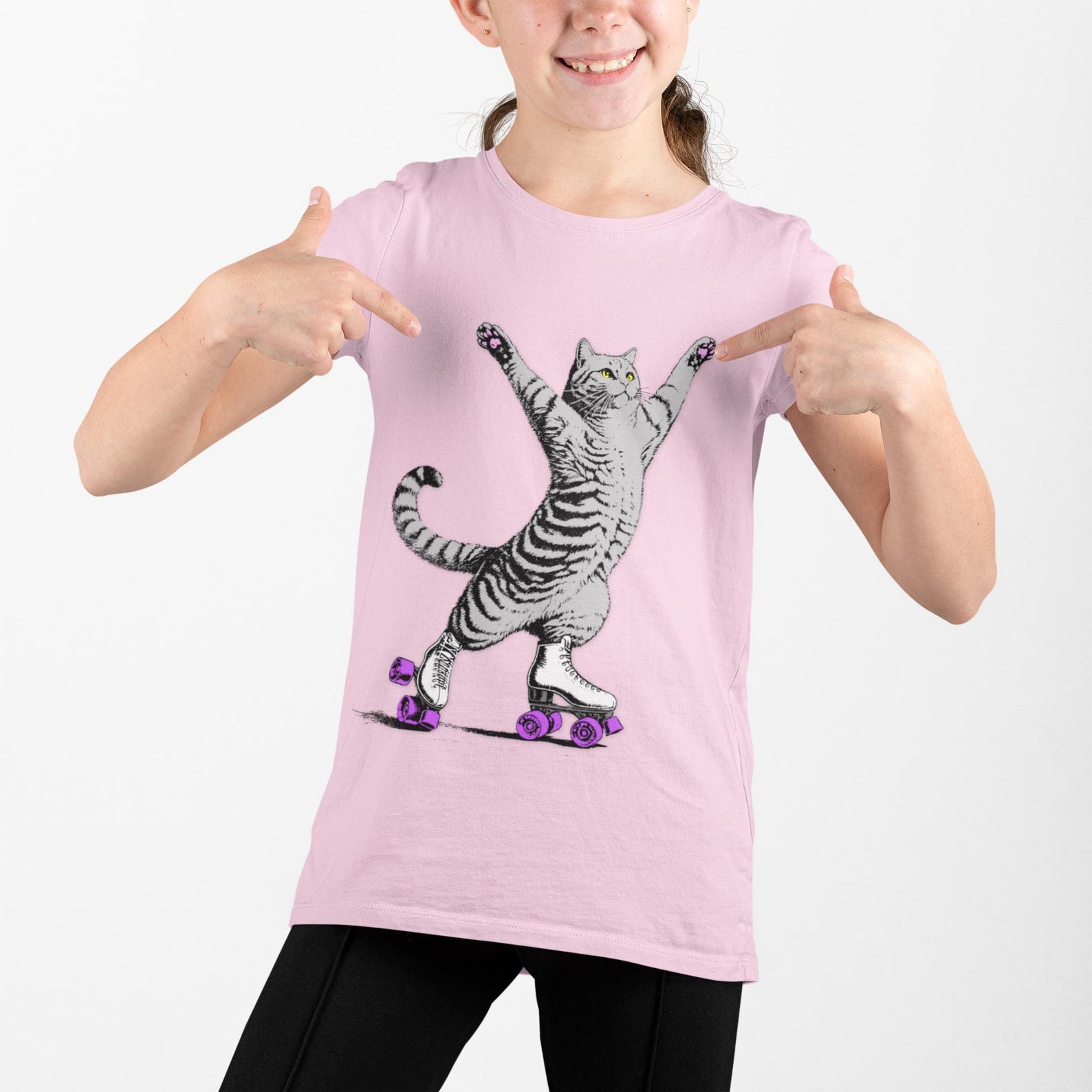Rollerskating Cat Hero Pose Youth Tee 4XL