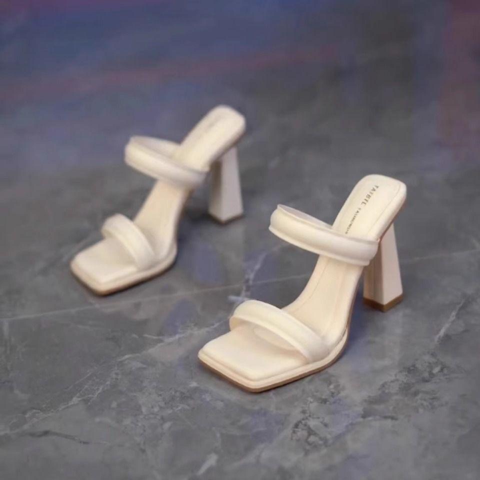 Summer High-Heeled Shoes Lady Square Heel  Slides Block Thick Heels Outdoor Cool Slippers