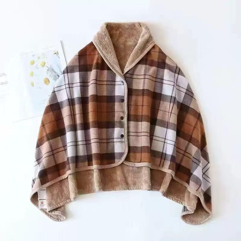 Double-Layer Fleece Shawl Blanket with Buckle - Warm, Multifunctional Office Blanket for Women