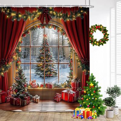 Red Christmas Shower Curtain Xmas Trees Gift Window Winter Forest Scenery New Year Home Wall Hanging Bathroom Decor With Hooks