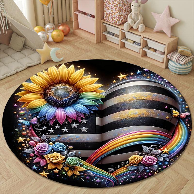 Vintage Round Sun Multicolor Carpet, Non-Slip Floor Mat for Nursery