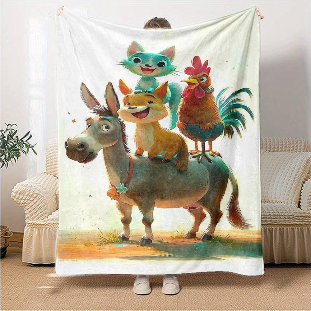 Fairy Tale Stacked Animals Musician Cartoon Print Flannel Throw Blanket Soft Warm Blanket for Sofa Bed Home Decor