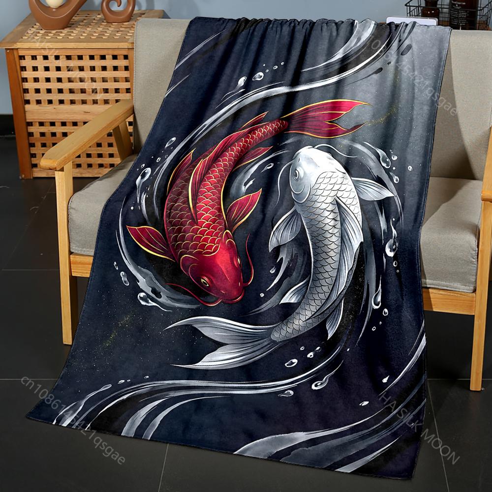 

Multiple sizes Red and White Koi Pattern Print Blanket Flannel Material Soft Warm for All Seasons Home Outdoor Camping Picnics 75x90cm