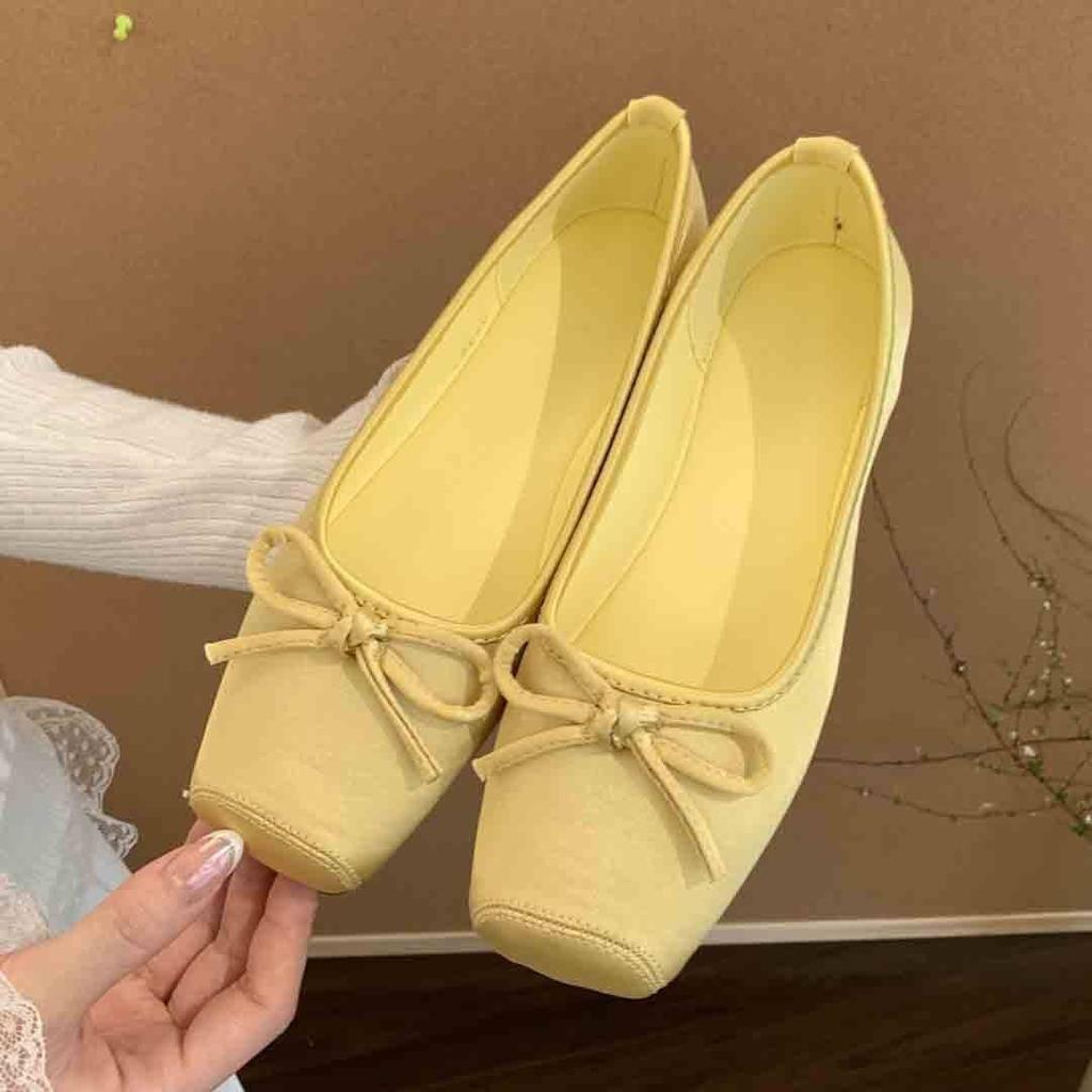 First encounter inner height increase square head shallow mouth satin single shoes early spring new fairy ballet style soft flat bottom one pedal
