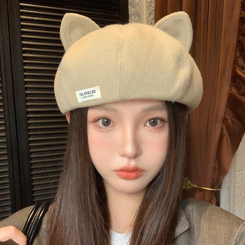 Korean Style Cute Cat Ear Beret - Casual, Versatile, Slimming, Large Head Circumference
