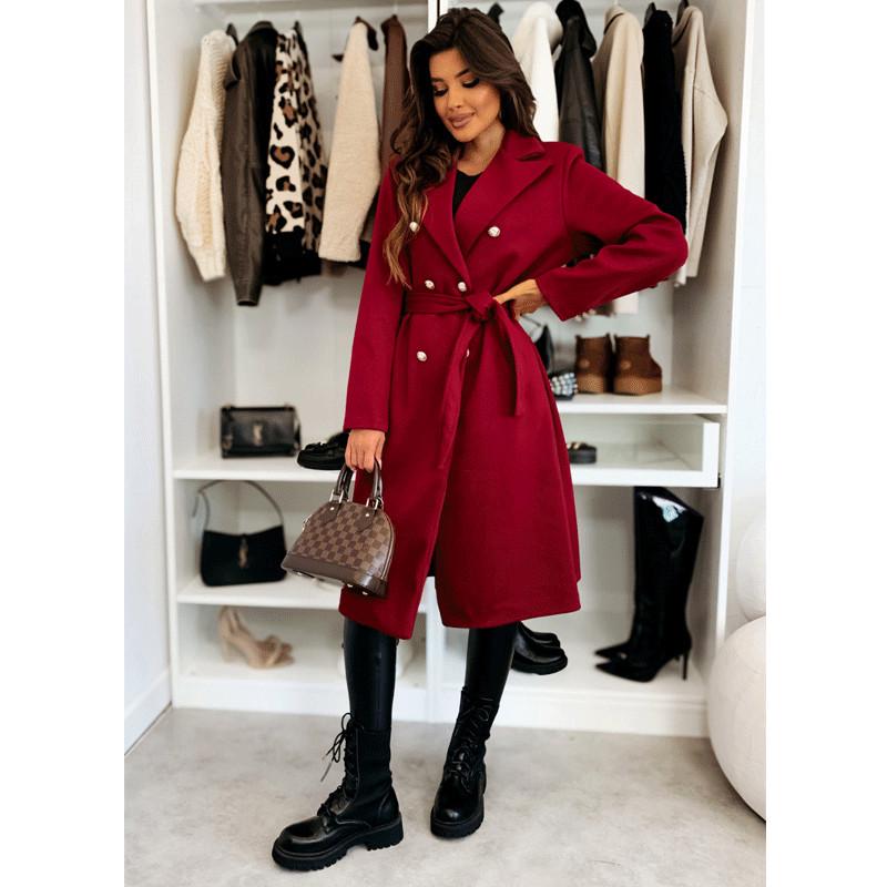 Dámský zimní módní vlněný kabát s dvouřadým zapínáním a páskem 2024