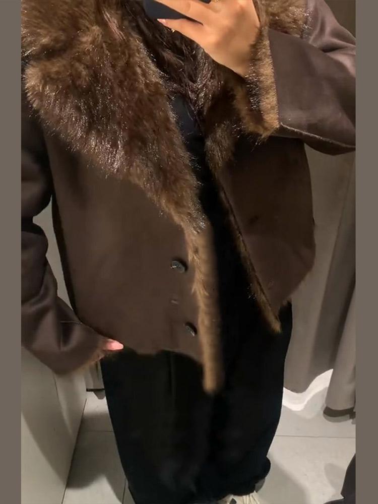 Women's Double-sided Winter Jacket Women's Synthetic Fur Suede Jacket Ladies' Warm Collar Button Top Brown Autumn and Winter