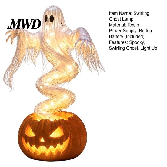 Autumn Yard Decor Halloween Swirling Ghost Pumpkin Lamp, Lighted Spooky Decorative Sculptures Statue, Warm LED Outdoor Decoration for Porch