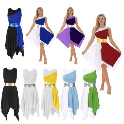 Damen Farbblock Ärmelloses Tanzkleid Rundhalsausschnitt Asymmetrischer Saum Abschlussball Party Bühnenperformance Kleid
