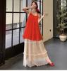 Red Off-the-Shoulder Halterneck Chiffon Top + Wide-Leg Skirt Two-Piece Set